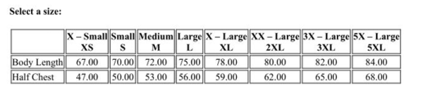 surf tee size chart