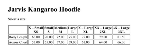 zip hoodie size chart